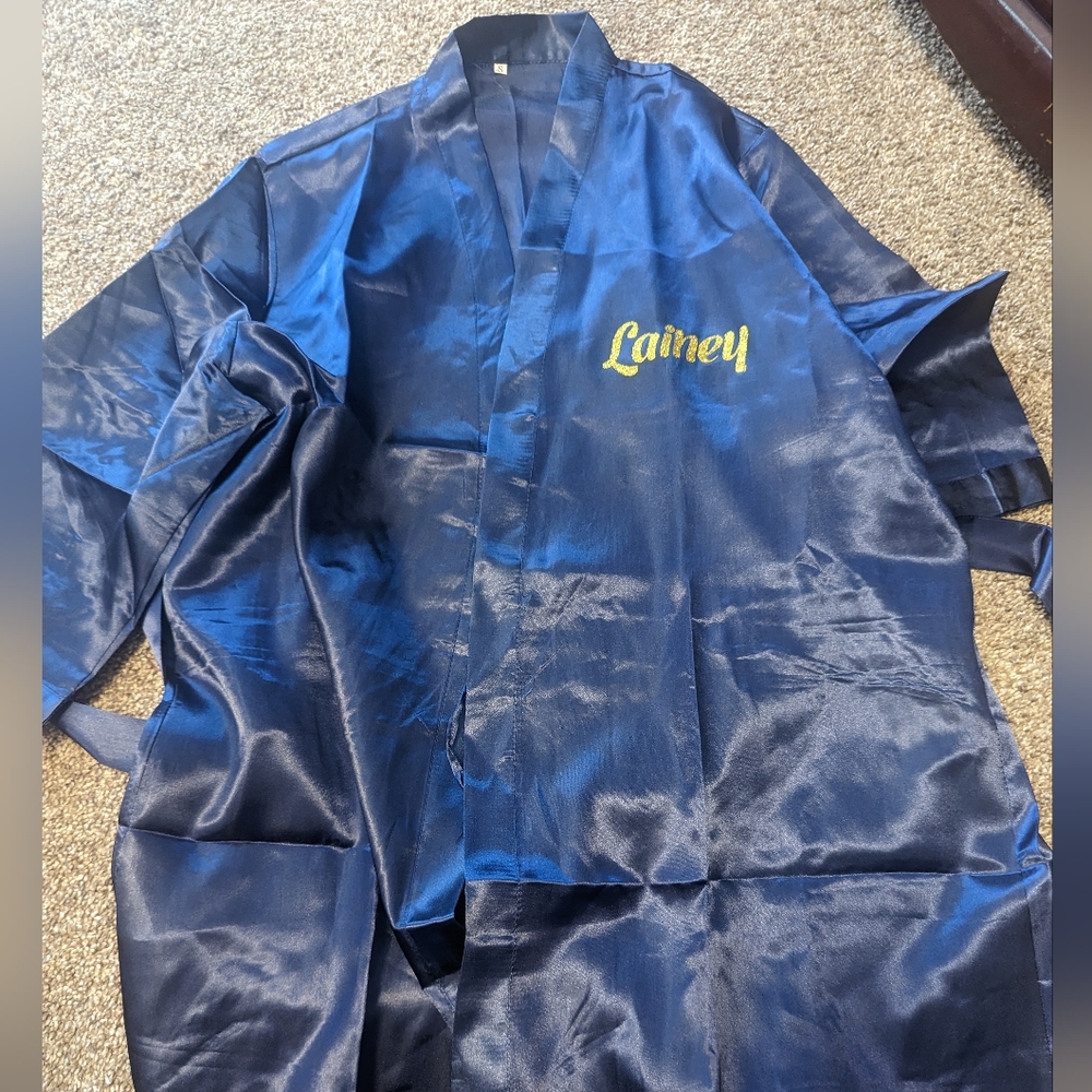 Personalized Bridesmaid Robe with "Lainey" on front and "Bridesmaid" on the back